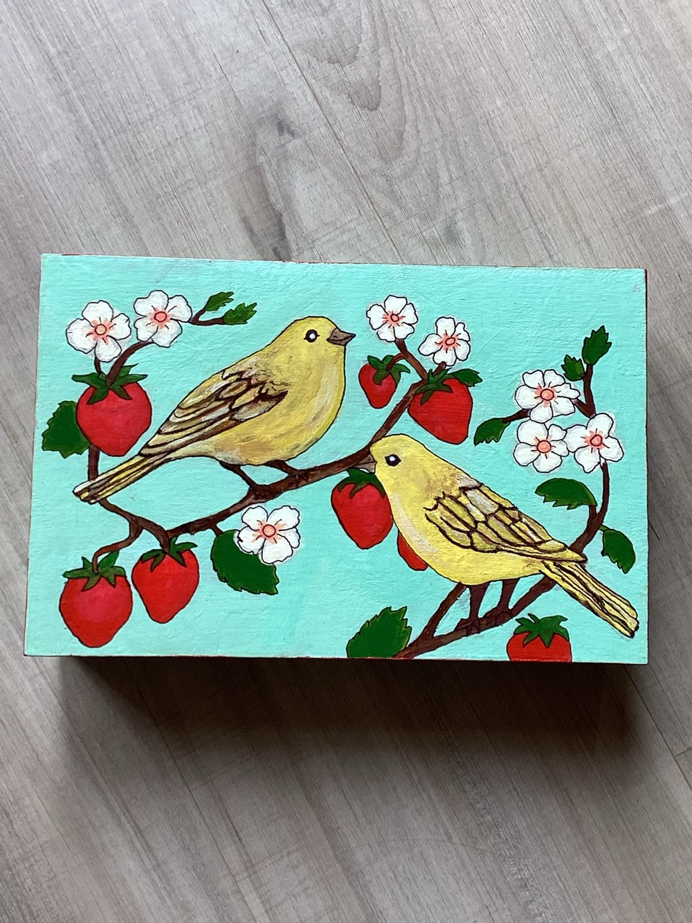 New Hand Painted Wood Bird Box with Strawberries